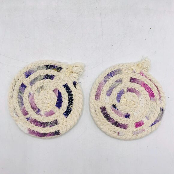 Rope Car Coasters Boho Purple Pansies Cream One Set of 2  For Car Cup Holders - Picture 3 of 5
